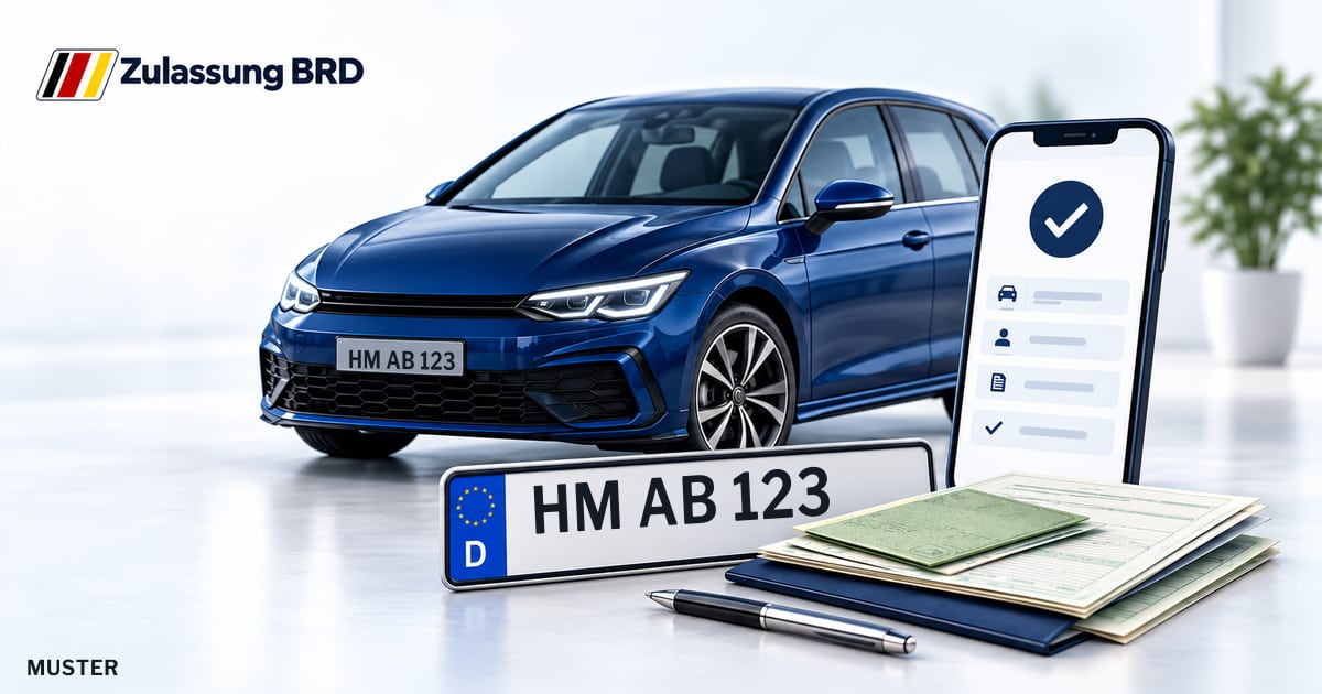 Online Fahrzeugzulassung in Landkreis Hameln-Pyrmont: Musterkennzeichen HM AB 123, Auto und Fahrzeugpapiere und Smartphone. Illustration mit Logo von Zulassung BRD.